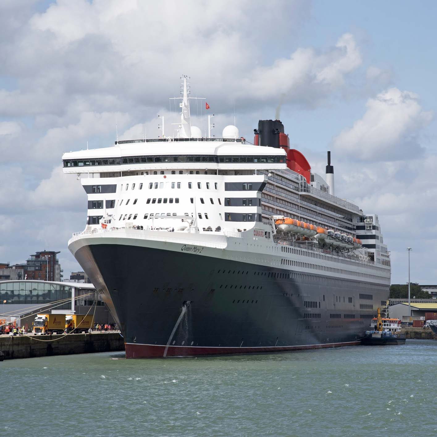 Queen Mary 2 cruise liner alongside her berth in the Port of Southampton England UK August 2017